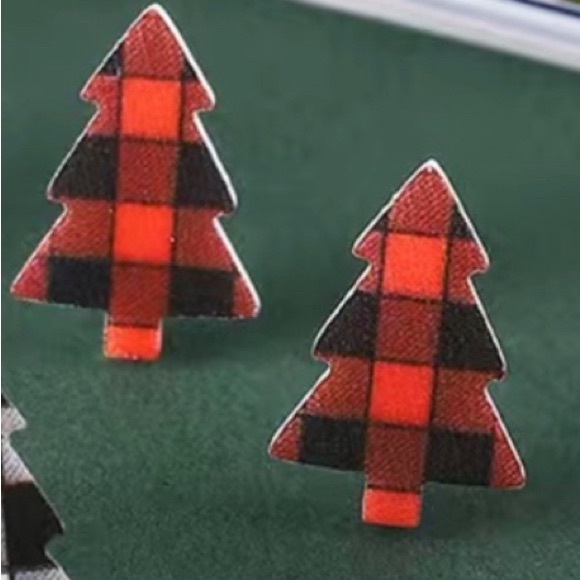 Earrings Christmas Tree Pierced Set of 3 Checkered, Red Garland Green Ornaments - Picture 5 of 6